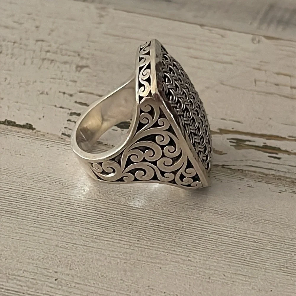 Lois Hill Silver Rectangular Textile Weave Cut-Out Ring.